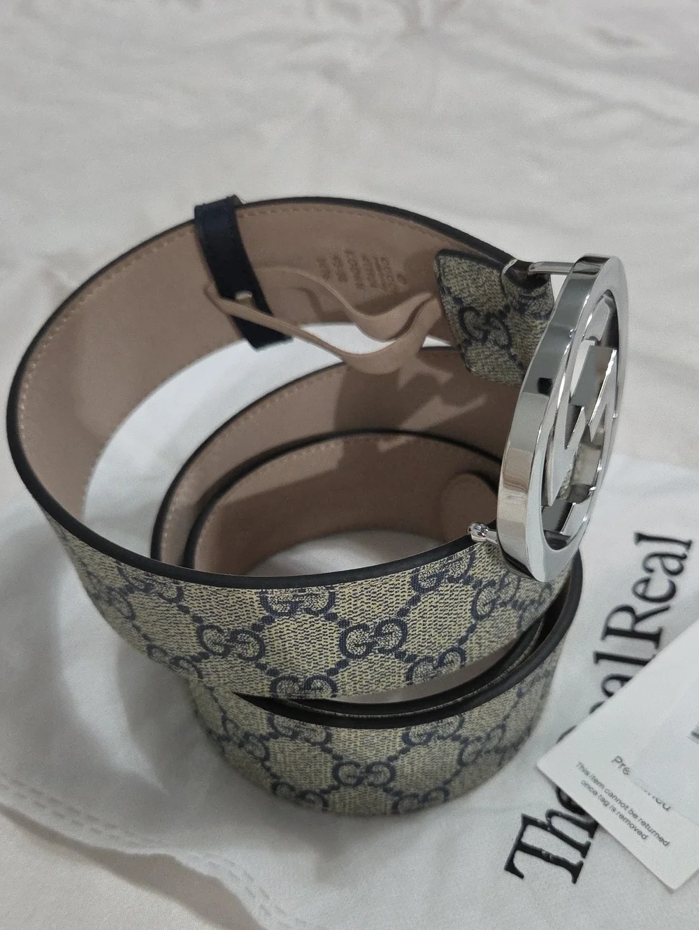 Gucci GG Supreme Monogram Belt with Silver Double G Buckle Beige/Navy